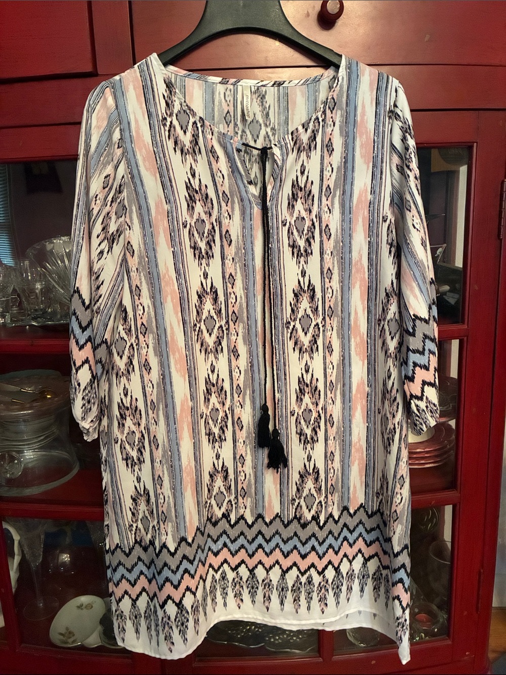 mittoshop Striped Ikat Long Sleeve Tunic in White, Blue, Pink